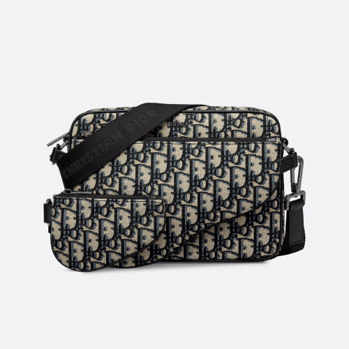 NIGO Dior Men's Black Embossed Pattern Magnetic Flap Leather Quilted Canvas Crossbody Saddle Bag Set of 3 #nigo74786