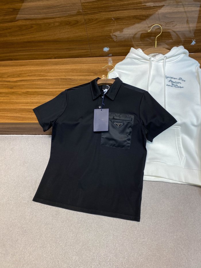 NIGO Prada Men's Summer Black Triangle Label Pocket Polo Neck Cotton Short Sleeve T-Shirt #nigo74815