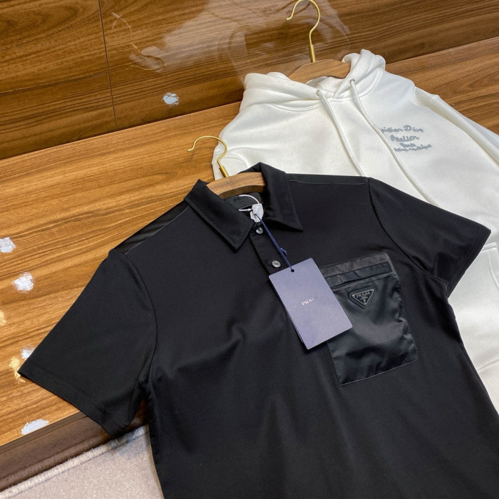 NIGO Prada Men's Summer Black Triangle Label Pocket Polo Neck Cotton Short Sleeve T-Shirt #nigo74815