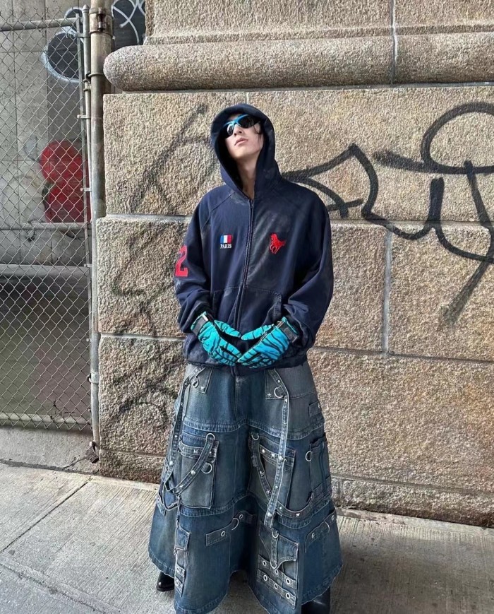 NIGO Balenciaga Men's Skirt Vintage Rivets Straps Detachable Denim Skirt High Street Ragged Trend Punk Style Jeans Pants #nigo71841