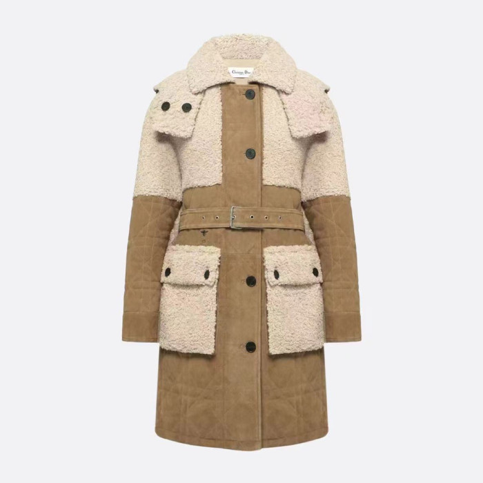 NIGO Dior Women's Autumn and Winter Colorblocking Lamb's Wool Patchwork Suede Long Drawstring Single-Breasted Hooded Coat Jacket #nigo74847