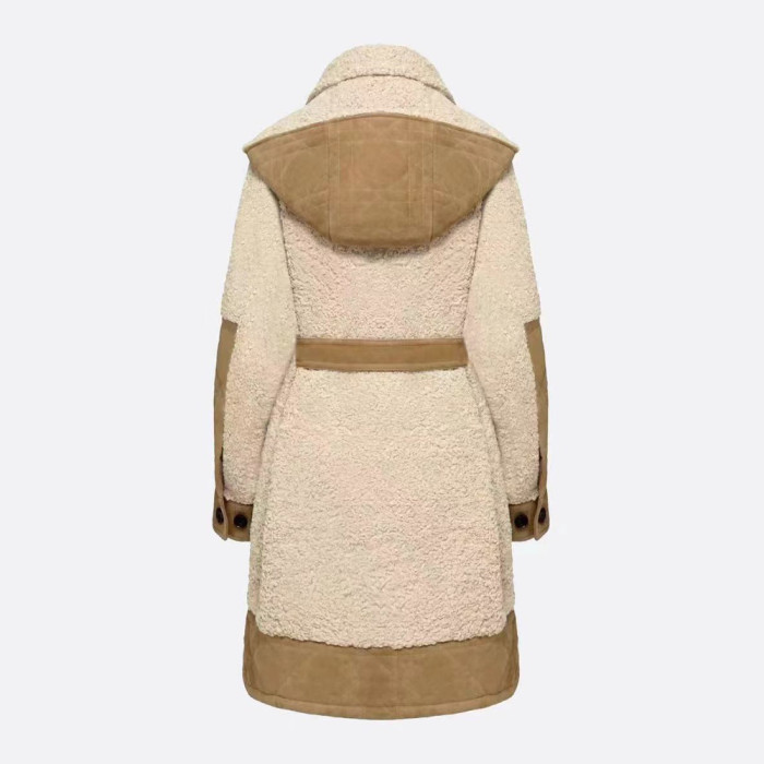 NIGO Dior Women's Autumn and Winter Colorblocking Lamb's Wool Patchwork Suede Long Drawstring Single-Breasted Hooded Coat Jacket #nigo74847