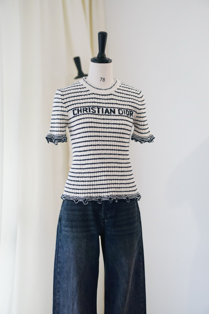 NIGO DIOR Women's Summer Logo Letter Printed Striped Round Neck Knit Short Sleeve T-Shirt #nigo74843