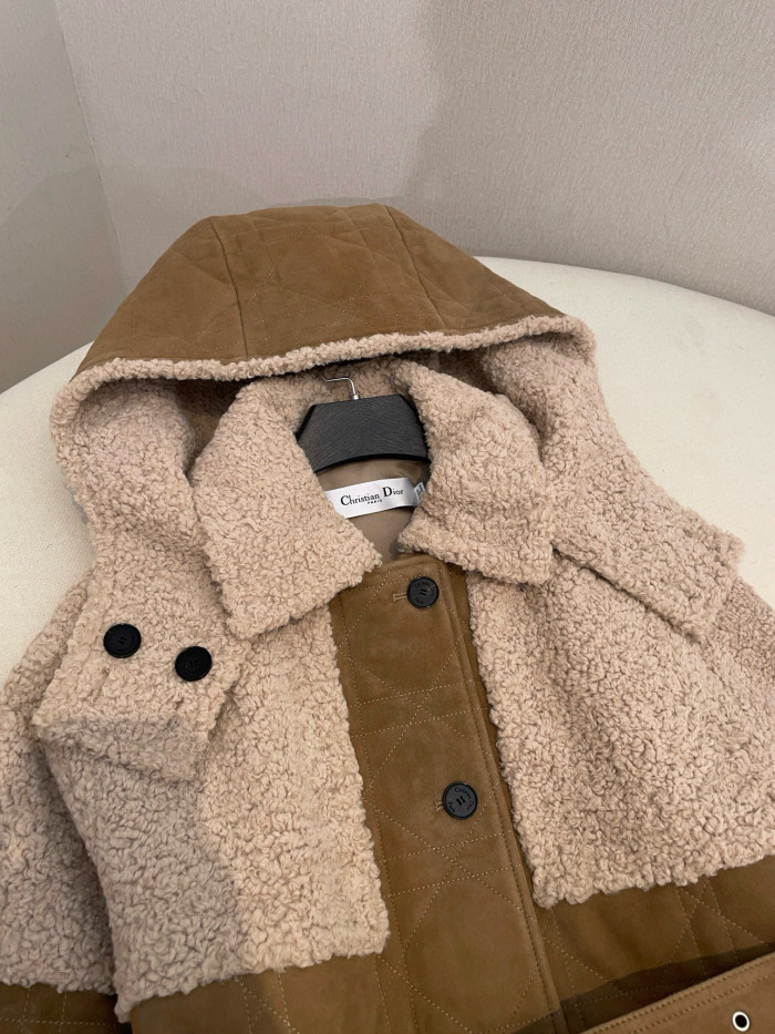 NIGO Dior Women's Autumn and Winter Colorblocking Lamb's Wool Patchwork Suede Long Drawstring Single-Breasted Hooded Coat Jacket #nigo74847