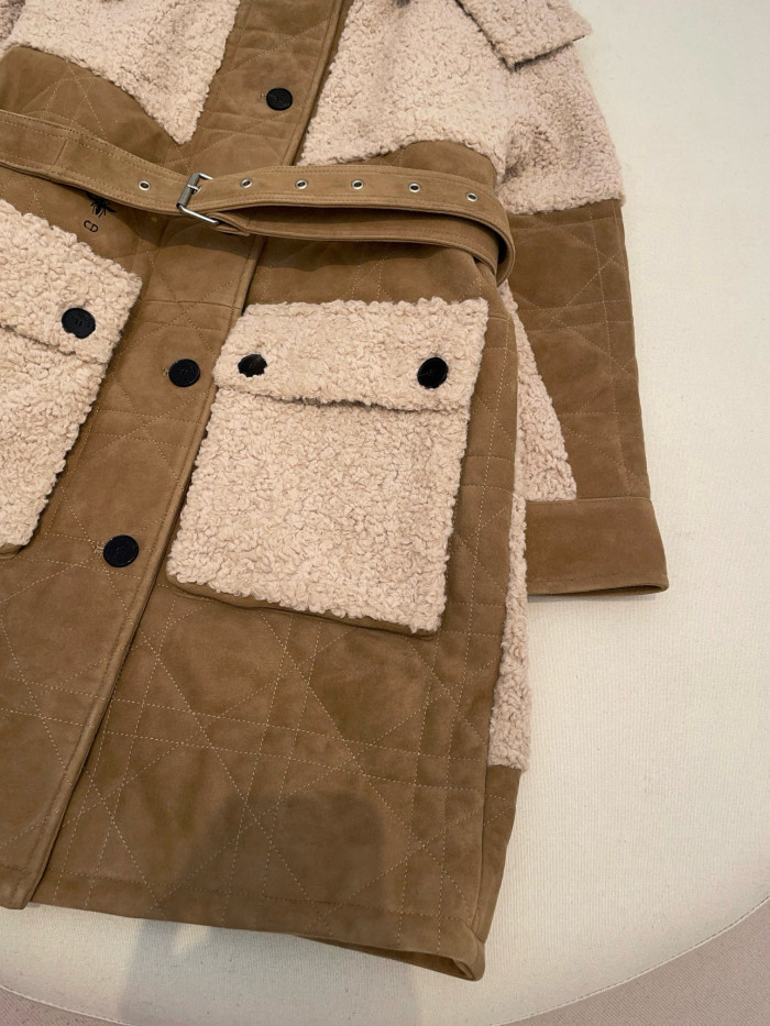 NIGO Dior Women's Autumn and Winter Colorblocking Lamb's Wool Patchwork Suede Long Drawstring Single-Breasted Hooded Coat Jacket #nigo74847