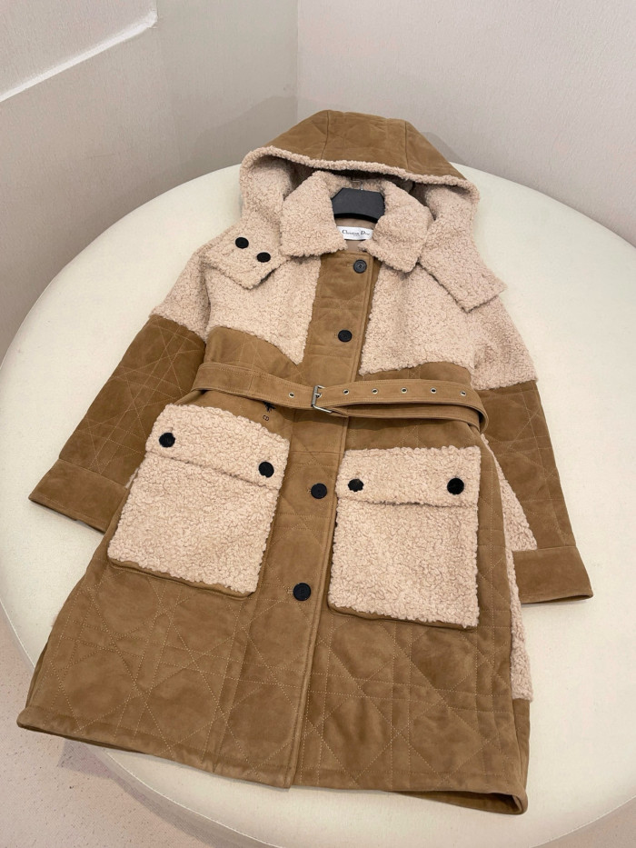 NIGO Dior Women's Autumn and Winter Colorblocking Lamb's Wool Patchwork Suede Long Drawstring Single-Breasted Hooded Coat Jacket #nigo74847