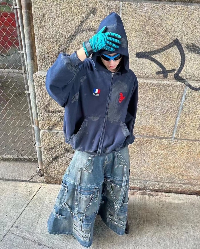 NIGO Balenciaga Men's Skirt Vintage Rivets Straps Detachable Denim Skirt High Street Ragged Trend Punk Style Jeans Pants #nigo71841