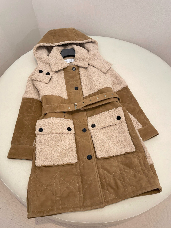 NIGO Dior Women's Autumn and Winter Colorblocking Lamb's Wool Patchwork Suede Long Drawstring Single-Breasted Hooded Coat Jacket #nigo74847