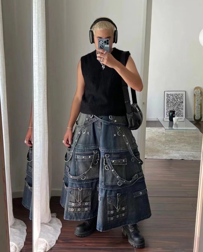 NIGO Balenciaga Men's Skirt Vintage Rivets Straps Detachable Denim Skirt High Street Ragged Trend Punk Style Jeans Pants #nigo71841