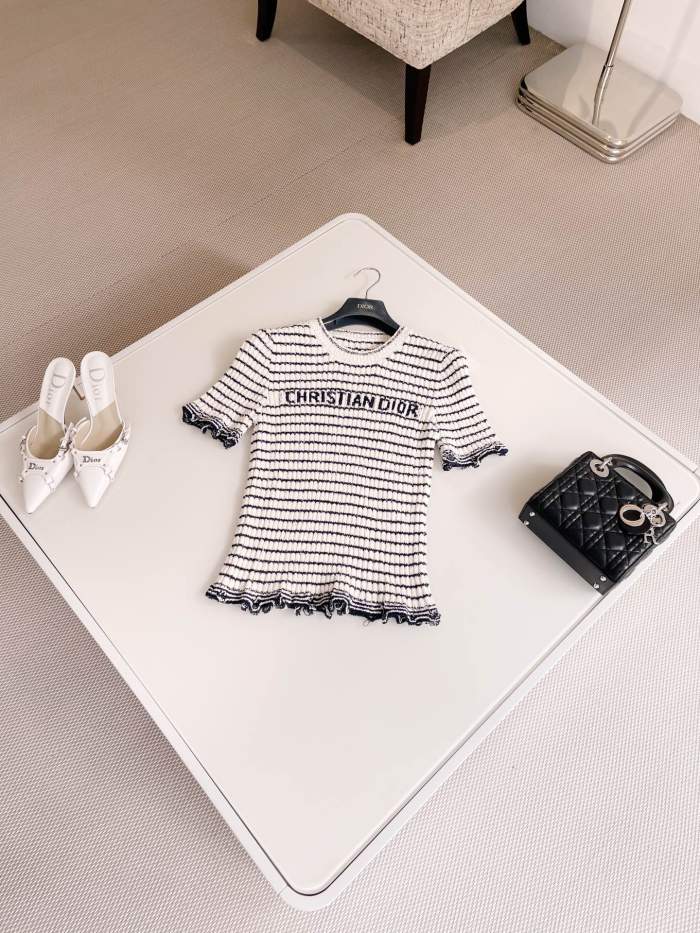 NIGO DIOR Women's Summer Logo Letter Printed Striped Round Neck Knit Short Sleeve T-Shirt #nigo74843