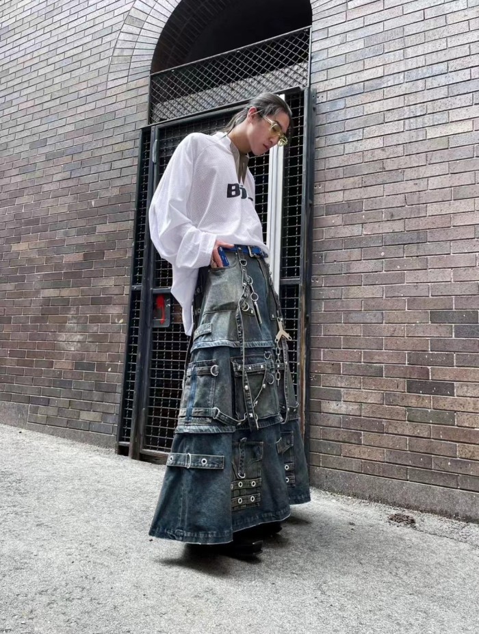 NIGO Balenciaga Men's Skirt Vintage Rivets Straps Detachable Denim Skirt High Street Ragged Trend Punk Style Jeans Pants #nigo71841