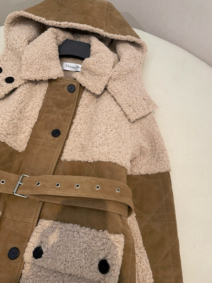 NIGO Dior Women's Autumn and Winter Colorblocking Lamb's Wool Patchwork Suede Long Drawstring Single-Breasted Hooded Coat Jacket #nigo74847