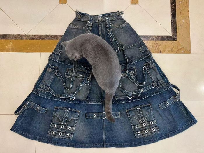 NIGO Balenciaga Men's Skirt Vintage Rivets Straps Detachable Denim Skirt High Street Ragged Trend Punk Style Jeans Pants #nigo71841