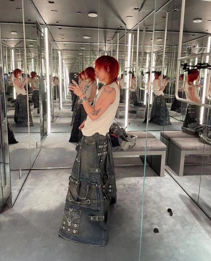 NIGO Balenciaga Men's Skirt Vintage Rivets Straps Detachable Denim Skirt High Street Ragged Trend Punk Style Jeans Pants #nigo71841