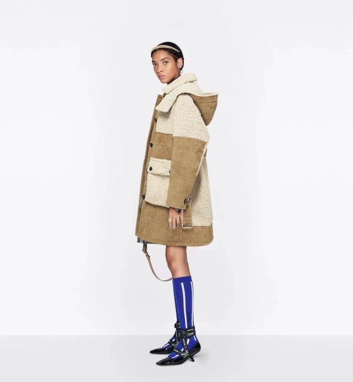 NIGO Dior Women's Autumn and Winter Colorblocking Lamb's Wool Patchwork Suede Long Drawstring Single-Breasted Hooded Coat Jacket #nigo74847