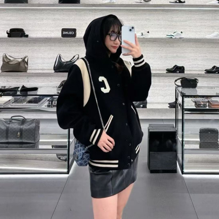 NIGO Celine Men's Spring And Autumn Colour Blocking Casual Single-breasted Jacket Logo Wool Blend Hooded Baseball Coat Jacket #nigo71844