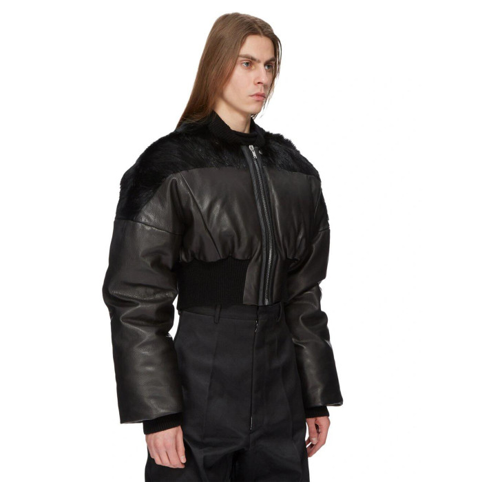 NIGO Rick Owens Men's Autumn And Winter Fur Splicing Leather Down Jacket Dark Style Fashion High Street Hip Hop Zip Short Jacket  Ngvp #nigo9825