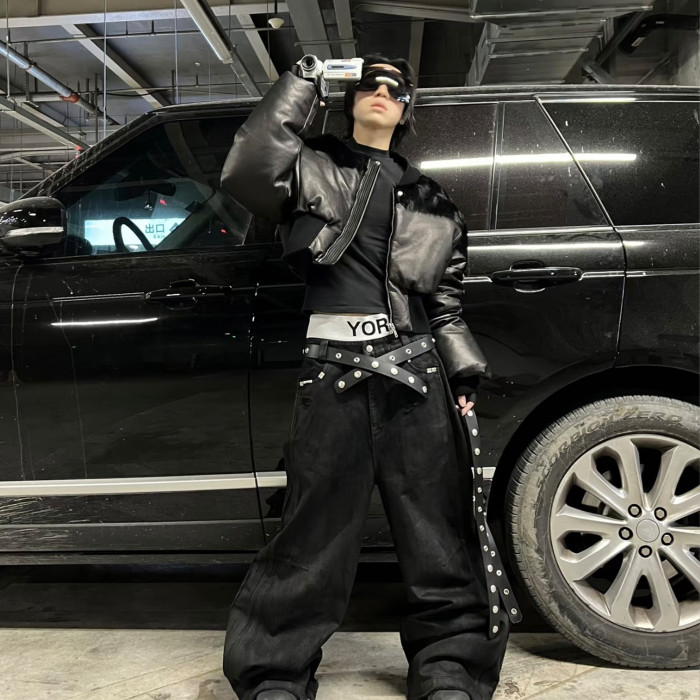 NIGO Rick Owens Men's Autumn And Winter Fur Splicing Leather Down Jacket Dark Style Fashion High Street Hip Hop Zip Short Jacket  Ngvp #nigo9825