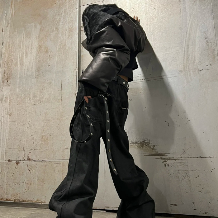 NIGO Rick Owens Men's Autumn And Winter Fur Splicing Leather Down Jacket Dark Style Fashion High Street Hip Hop Zip Short Jacket  Ngvp #nigo9825