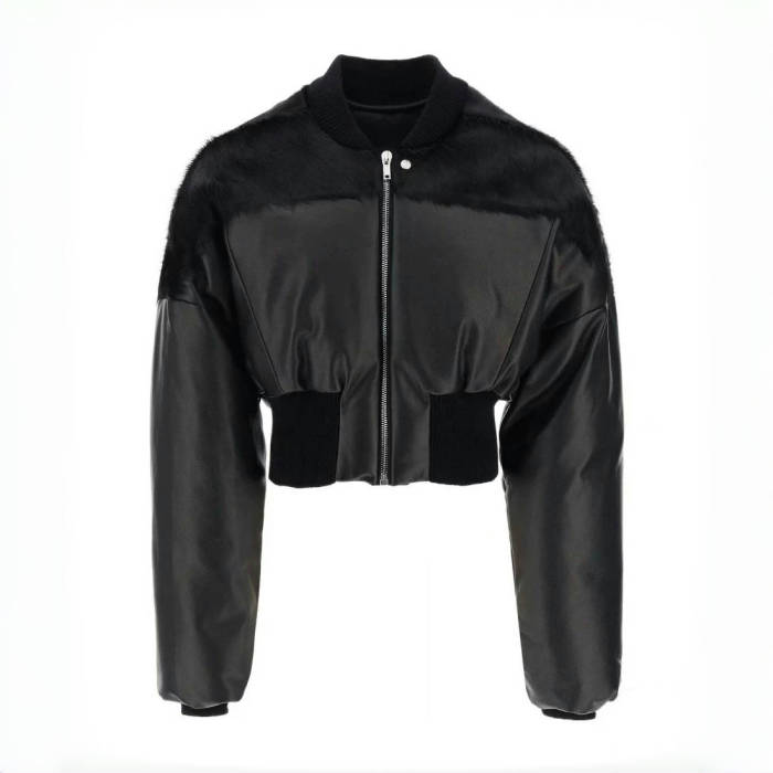 NIGO Rick Owens Men's Autumn And Winter Fur Splicing Leather Down Jacket Dark Style Fashion High Street Hip Hop Zip Short Jacket  Ngvp #nigo9825