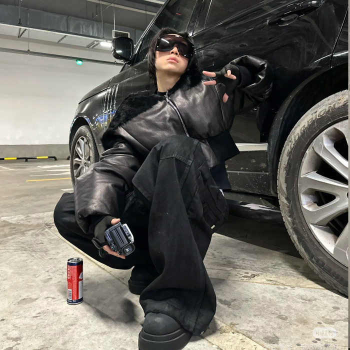 NIGO Rick Owens Men's Autumn And Winter Fur Splicing Leather Down Jacket Dark Style Fashion High Street Hip Hop Zip Short Jacket  Ngvp #nigo9825