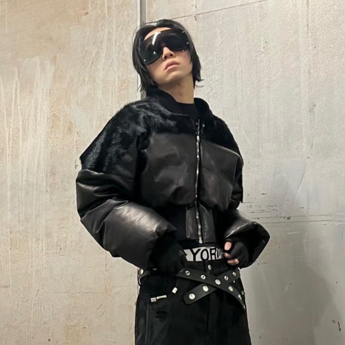 NIGO Rick Owens Men's Autumn And Winter Fur Splicing Leather Down Jacket Dark Style Fashion High Street Hip Hop Zip Short Jacket  Ngvp #nigo9825