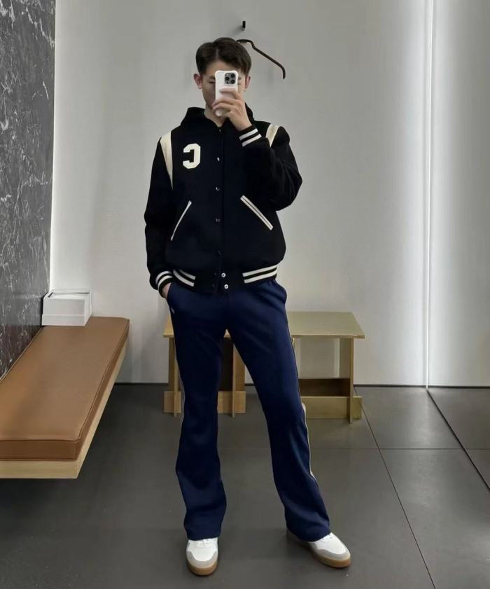 NIGO Celine Men's Spring And Autumn Colour Blocking Casual Single-breasted Jacket Logo Wool Blend Hooded Baseball Coat Jacket #nigo71844
