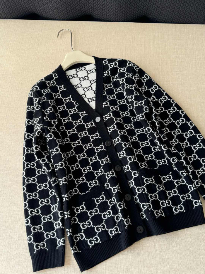 NIGO Gucci Women's Spring And Fall Reversible V-neck Single Breasted Drop Shoulder Long Sleeved Knit Cardigan Jacket #nigo74891