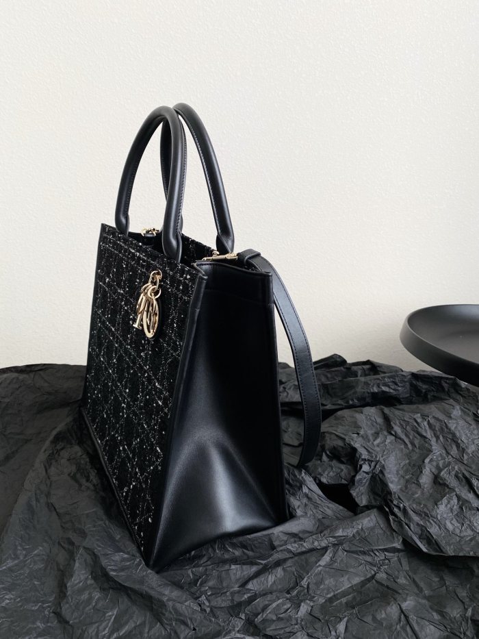NIGO Dior Book Tote Women's Gold Finish Metallic Black Rattan Check Pattern Tweed Tote Bag Bags #nigo74942