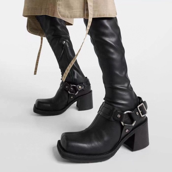 NIGO Acne Studios Women's Square Head Round Buckle Biker Boots Shoes Cowhide High Heel Elastic New Thick Heel Thick Bottom Knight Boots Long Tube Skinny Boots Ngvp #nigo9856