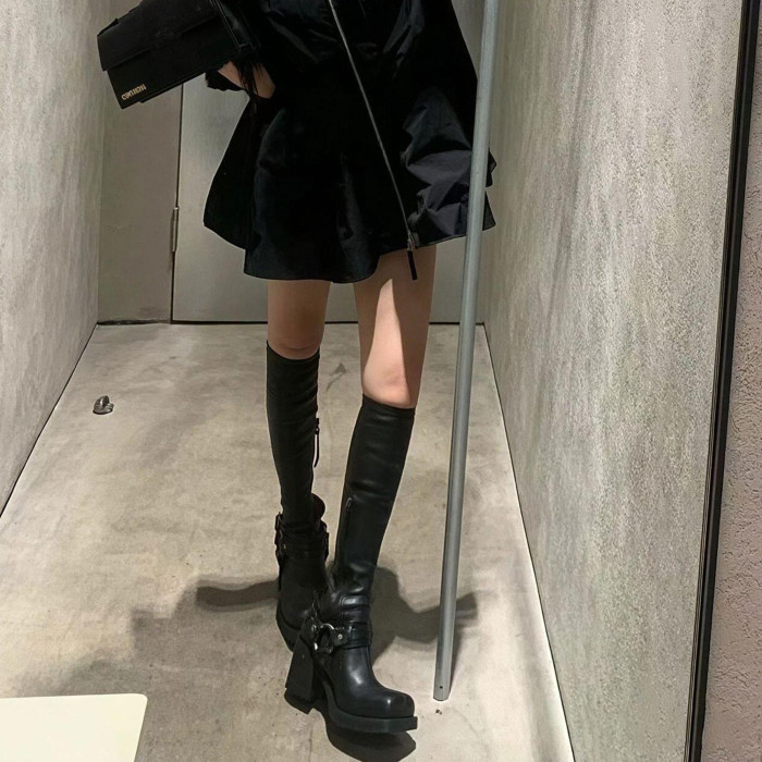 NIGO Acne Studios Women's Square Head Round Buckle Biker Boots Shoes Cowhide High Heel Elastic New Thick Heel Thick Bottom Knight Boots Long Tube Skinny Boots Ngvp #nigo9856