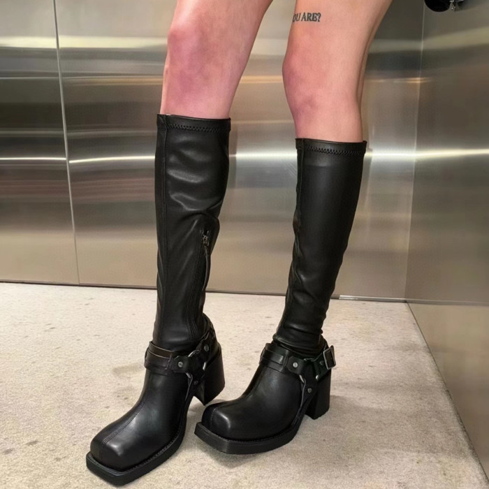 NIGO Acne Studios Women's Square Head Round Buckle Biker Boots Shoes Cowhide High Heel Elastic New Thick Heel Thick Bottom Knight Boots Long Tube Skinny Boots Ngvp #nigo9856