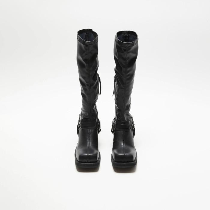 NIGO Acne Studios Women's Square Head Round Buckle Biker Boots Shoes Cowhide High Heel Elastic New Thick Heel Thick Bottom Knight Boots Long Tube Skinny Boots Ngvp #nigo9856