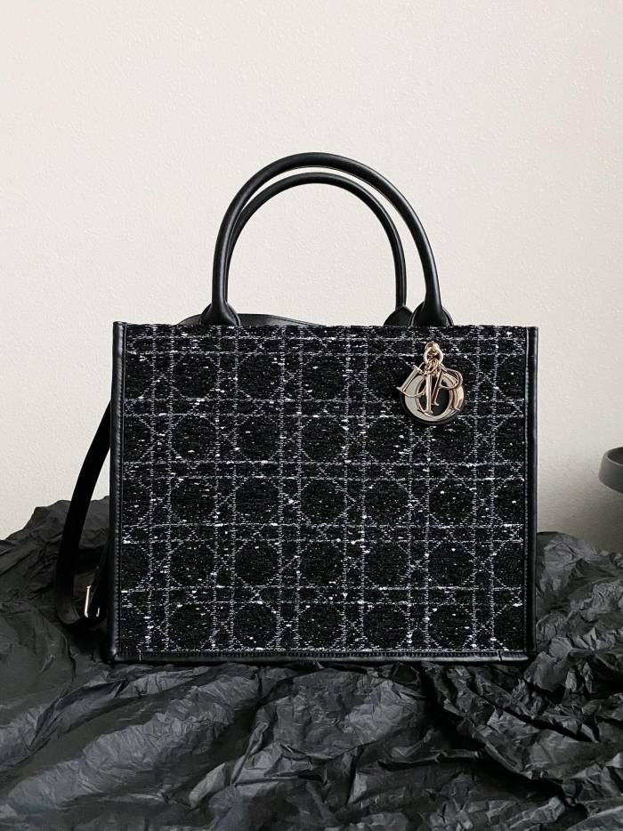 NIGO Dior Book Tote Women's Gold Finish Metallic Black Rattan Check Pattern Tweed Tote Bag Bags #nigo74942