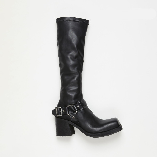 NIGO Acne Studios Women's Square Head Round Buckle Biker Boots Shoes Cowhide High Heel Elastic New Thick Heel Thick Bottom Knight Boots Long Tube Skinny Boots Ngvp #nigo9856