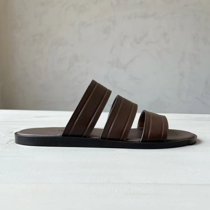 NIGO Loro Piana Men's Summer Pure Color Calfskin Round Head Over-Toe Slippers Sandals Shoes #nigo74938