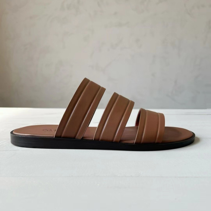 NIGO Loro Piana Men's Summer Pure Color Calfskin Round Head Over-Toe Slippers Sandals Shoes #nigo74938