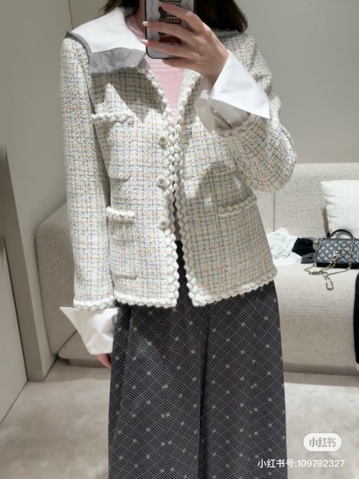 NIGO Chanel Women's Spring And Autumn Embroidered Checkered Round Neck Wool And Cotton Solid Color Long Sleeve Jacket Ngvp #nigo9847