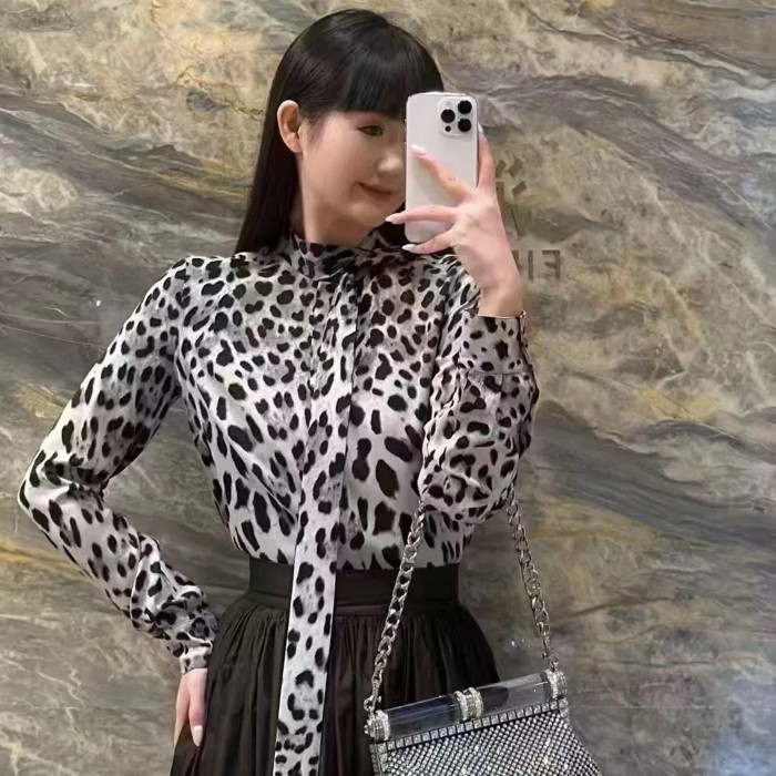 NIGO Dolce&Gabbana Women's Spring And Summer Leopard Print Bow Silk Shirt Temperament Elegant Luxury Tie Shirt Blouse Ngvp #nigo9865
