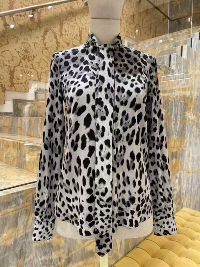 NIGO Dolce&Gabbana Women's Spring And Summer Leopard Print Bow Silk Shirt Temperament Elegant Luxury Tie Shirt Blouse Ngvp #nigo9865