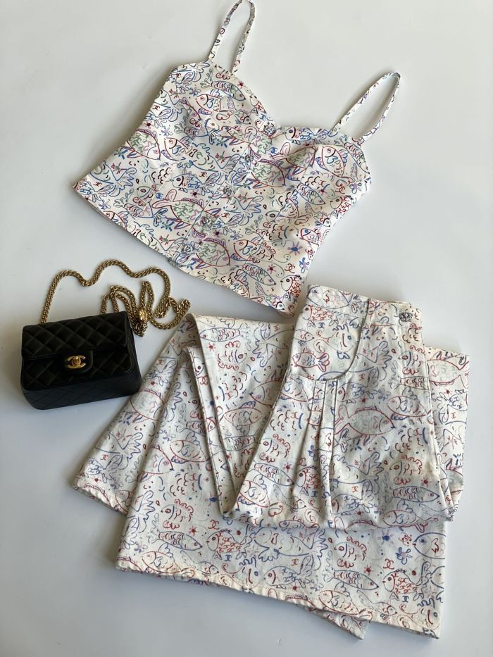 NIGO Chanel Women's Spring/Summer Graffiti Printed Camisole Top Wide Leg Jeans Pants Set Suit #nigo74985