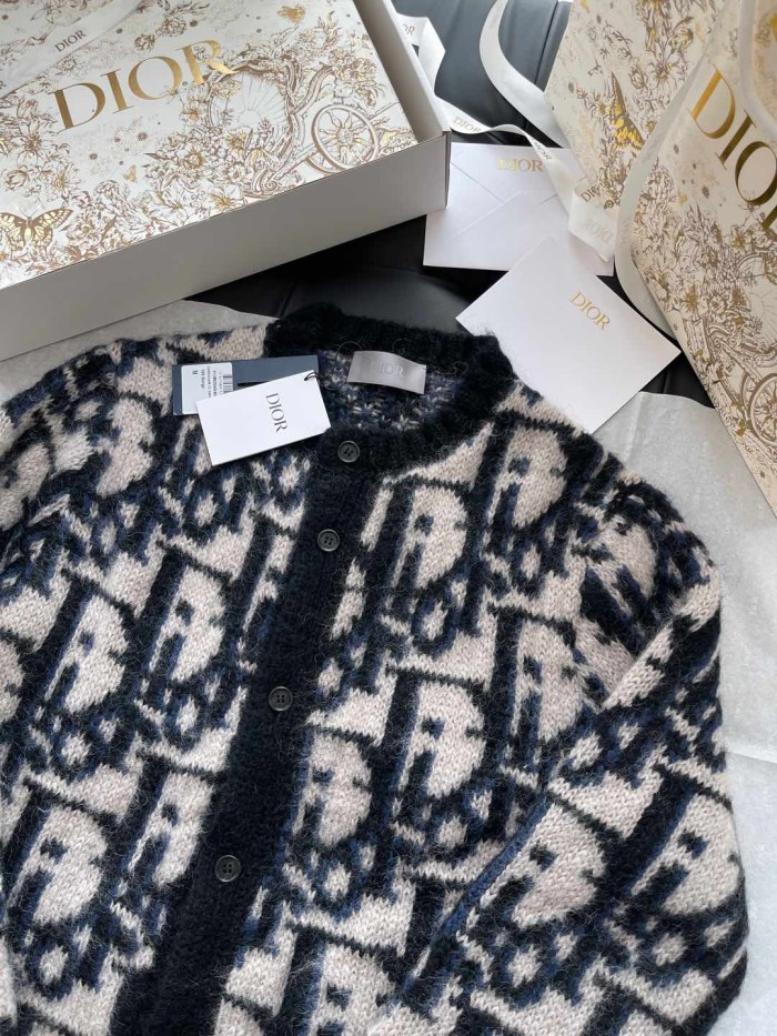 NIGO Dior Men's Spring And Fall Letters Full Print Round Neck Mohair Single Breasted Long Sleeve Knit Jacket #nigo75119