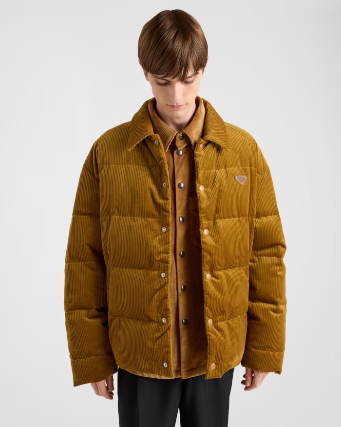 NIGO Prada Men's Fall And Winter Logo Lapel Single-Breasted Solid Color Fitted Short Section Long Sleeve Corduroy Texture Puffer Down Jacket #nigo71823