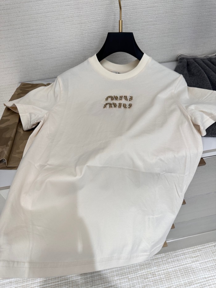 NIGO MiuMiu Women's Summer Solid Color Embroidery Beaded Letter Print Round Neck Short Sleeve T-Shirt #nigo75117