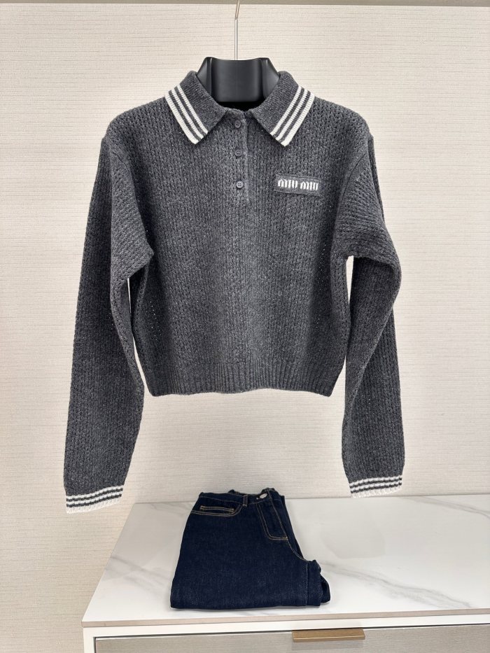 NIGO MiuMiu Women's Spring and Autumn Solid Color Mesh Knit Loose Polo Neck Long Sleeve Sweater #nigo75112