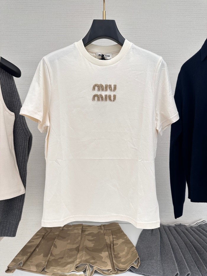 NIGO MiuMiu Women's Summer Solid Color Embroidery Beaded Letter Print Round Neck Short Sleeve T-Shirt #nigo75117