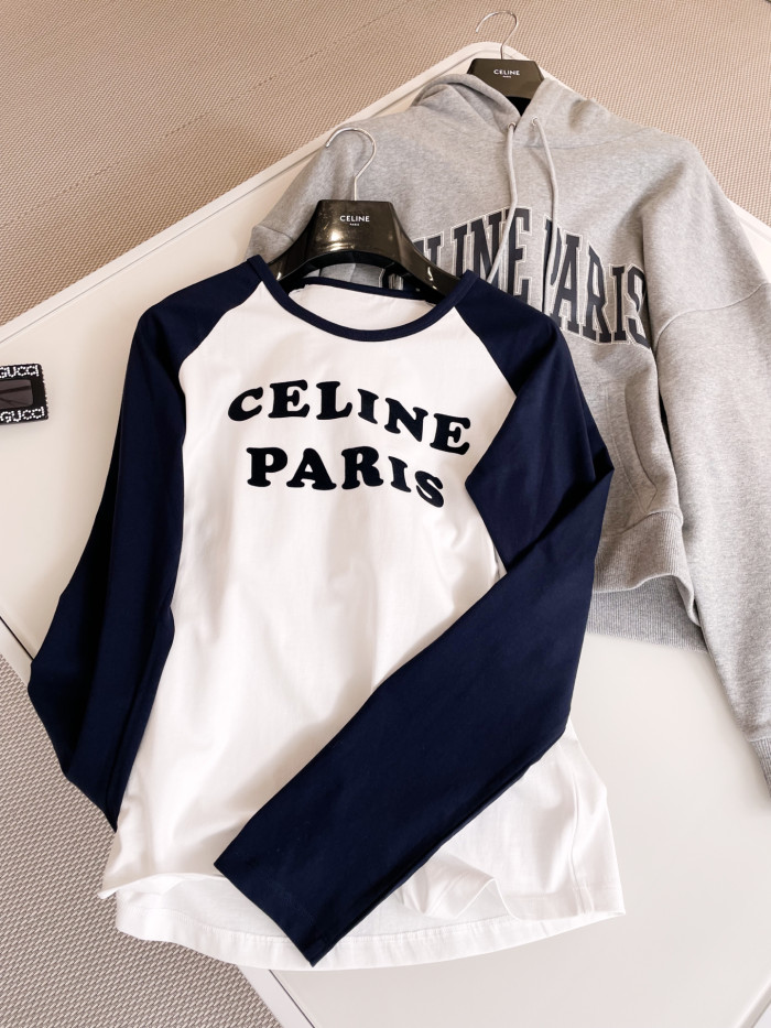 NIGO Celine Women's Summer Color Clash Letter Printed Plunger Round Neck Long Sleeve T-Shirt Top #nigo75111