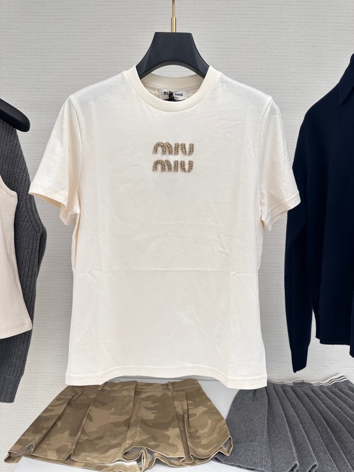 NIGO MiuMiu Women's Summer Solid Color Embroidery Beaded Letter Print Round Neck Short Sleeve T-Shirt #nigo75117