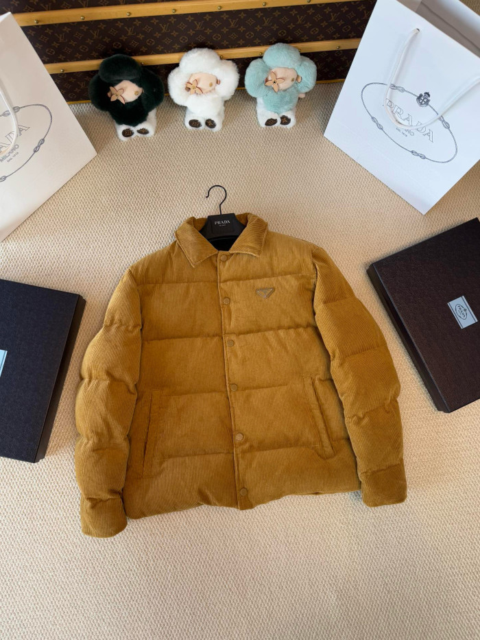 NIGO Prada Men's Fall And Winter Logo Lapel Single-Breasted Solid Color Fitted Short Section Long Sleeve Corduroy Texture Puffer Down Jacket #nigo71823