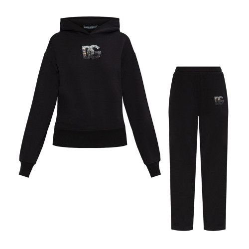NIGO Dolce&Gabbana Women's Summer Drilling Logo Print Hooded Long Sleeve Sweatshirt Stretchy Drawstring Casual Pants Set Suit #nigo75159